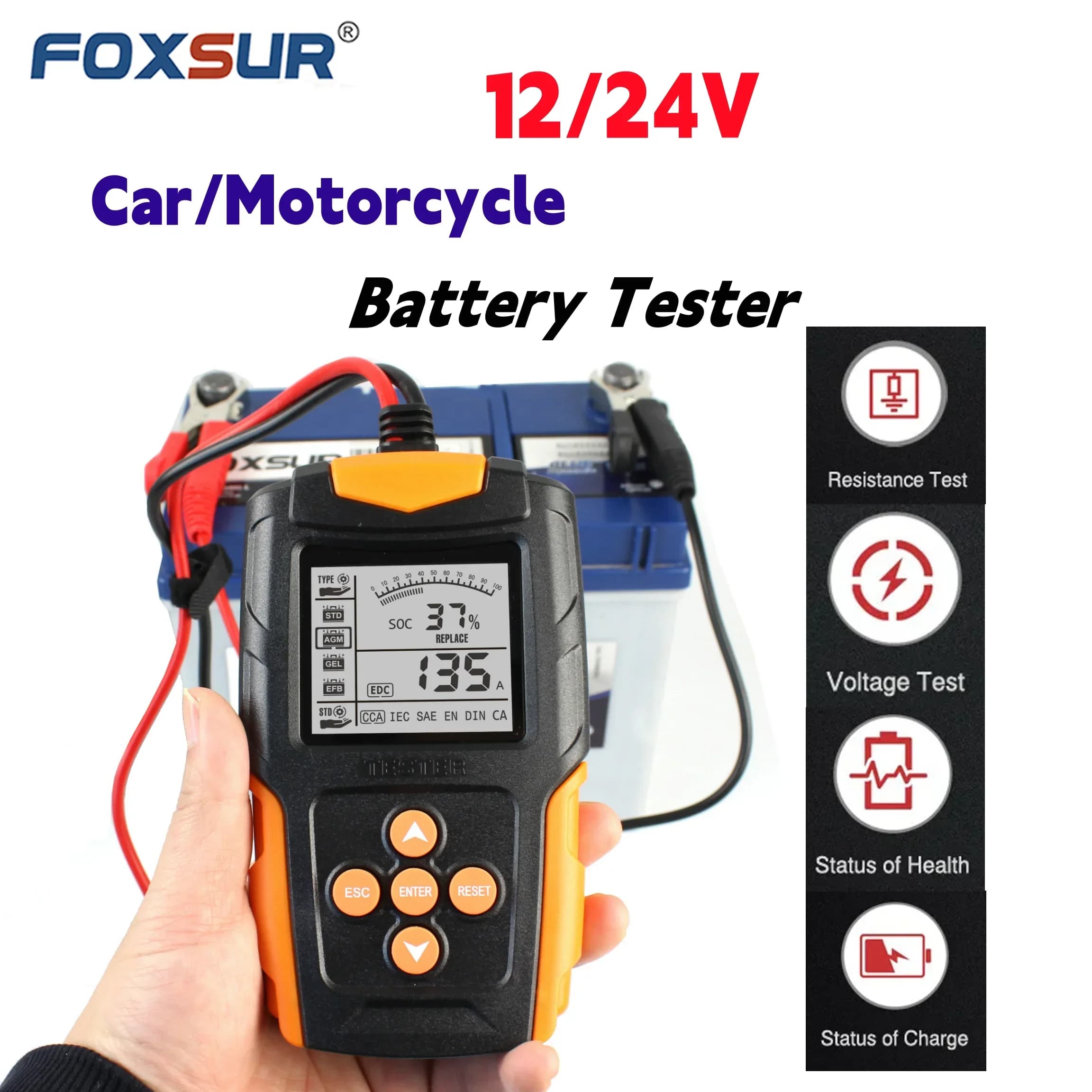 Tester batteria per auto FOXSUR analizzatore batteria 12V 24V per VRLA/GEL/AGM/EFB/STD/Tester digitale allagato per auto camion moto barca