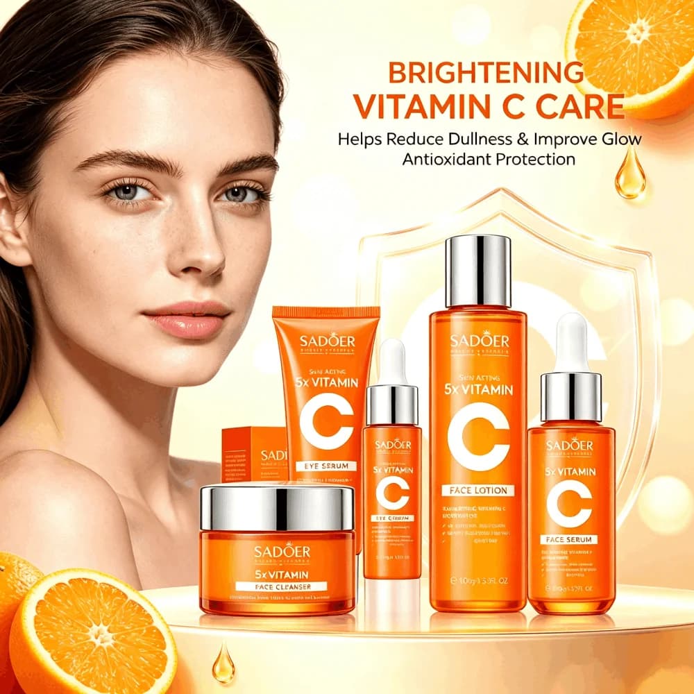 SADOER 5X Vitamin C Facial Skin Care Kit 4Pcs Serum Brightening Hydrating Firming Anti-Aging Niacinamide Face Moisturizer Set