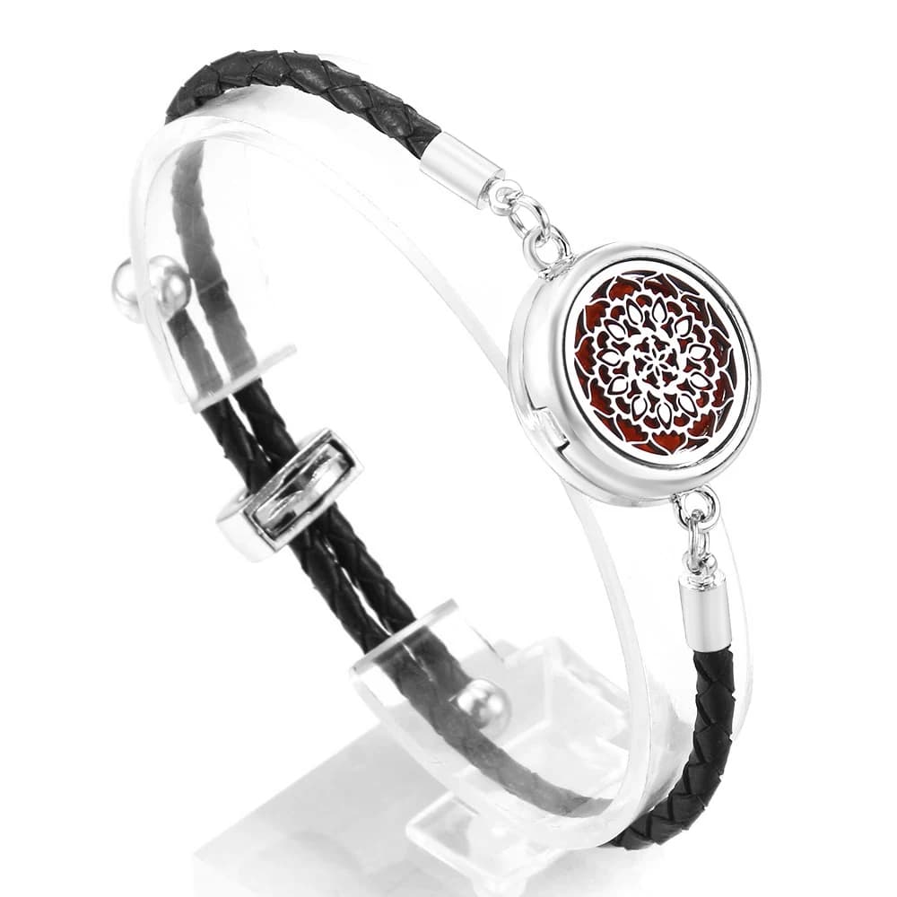 Tree of Life Stainless Steel Aromatherapy Bangle Adjustable Black Leather Women Bracelet Essential Oil Diffuser Lockets Jewelry