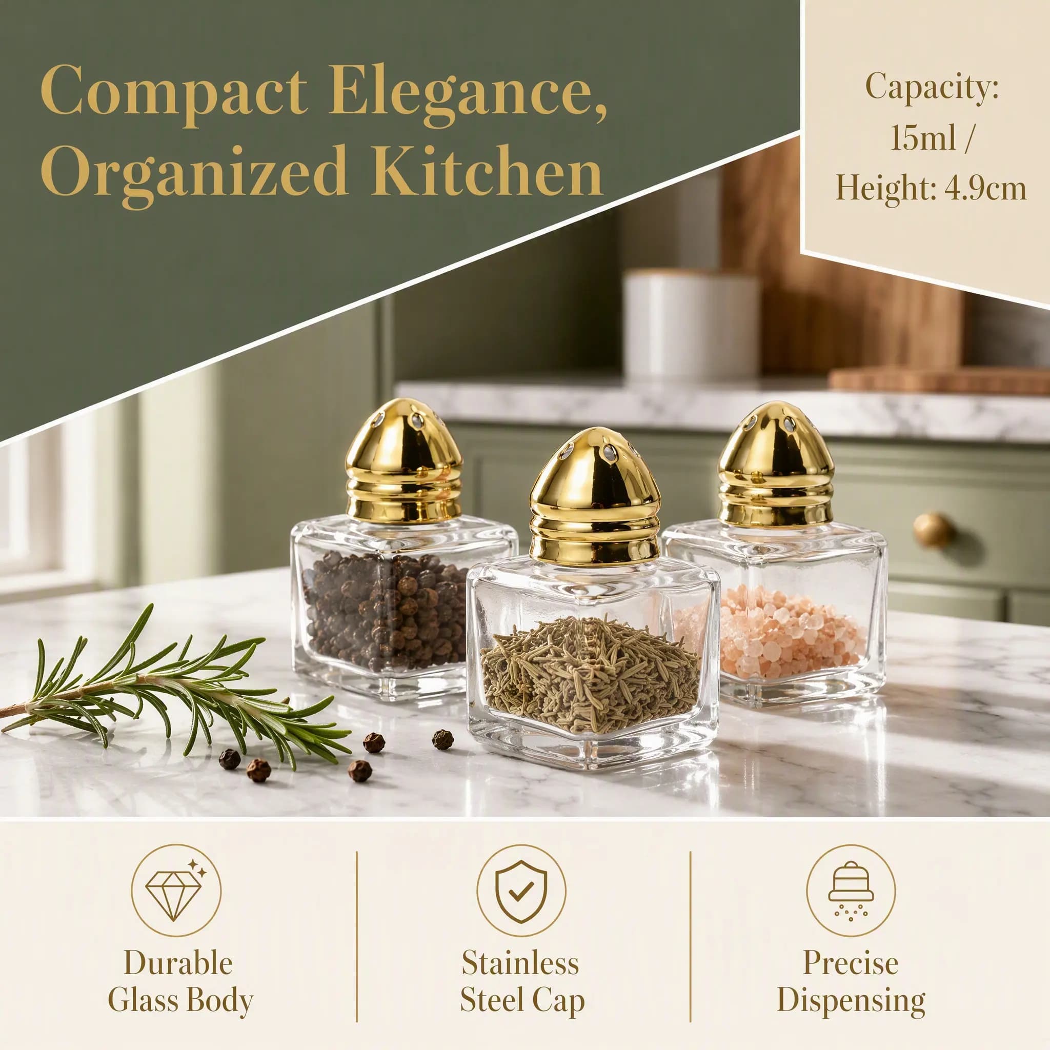 3Pcs Glass Salt and Pepper Shakers Kitchen Seasoning Bottles Compact Condiment Storage Set Stainless Steel Lid Easy Pour Control