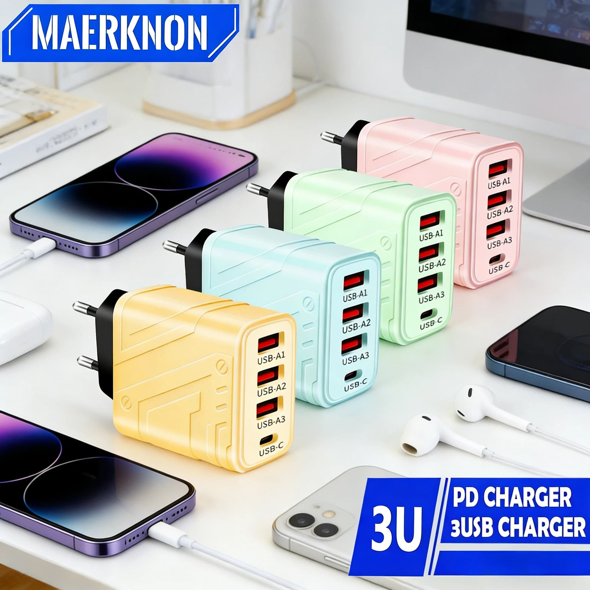 3 Ports PD USB C Fast Charger Quick Charge 3.0 Wall Power Adapter Multi Port Charging Universal for iPhone 15 14 Samsung Xiaomi