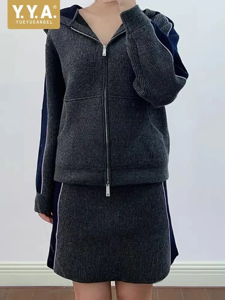 Set Autunnale da Donna con Felpa Lavorata a Maglia e Minigonna, Giacca con Cerniera a Maniche Lunghe, Outfit Casual Due Pezzi