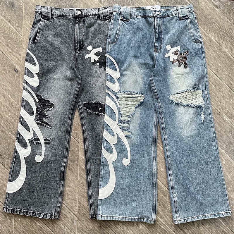 Project Capri Leather Jeans Casual Embroidered High Street Personality Hole Denim Pants Loose Fit Straight Leg Cotton Casual ...