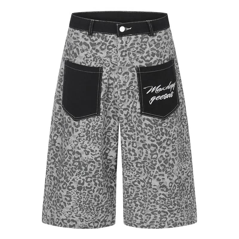 Hip hop jeans shorts with leopard print Vintage streetwear wide jeans shorts for men with multiple pockets