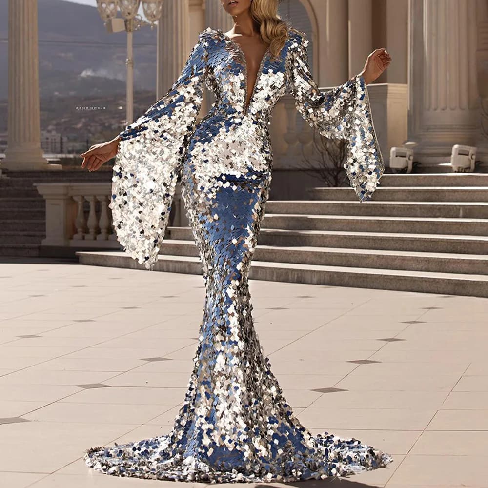 Women's Dress Sexy V-neck Sequinned Dress Silver Figure-hugging Evening Gown Lady Elegant Flared-sleeve Mermaid-style Long Dress
