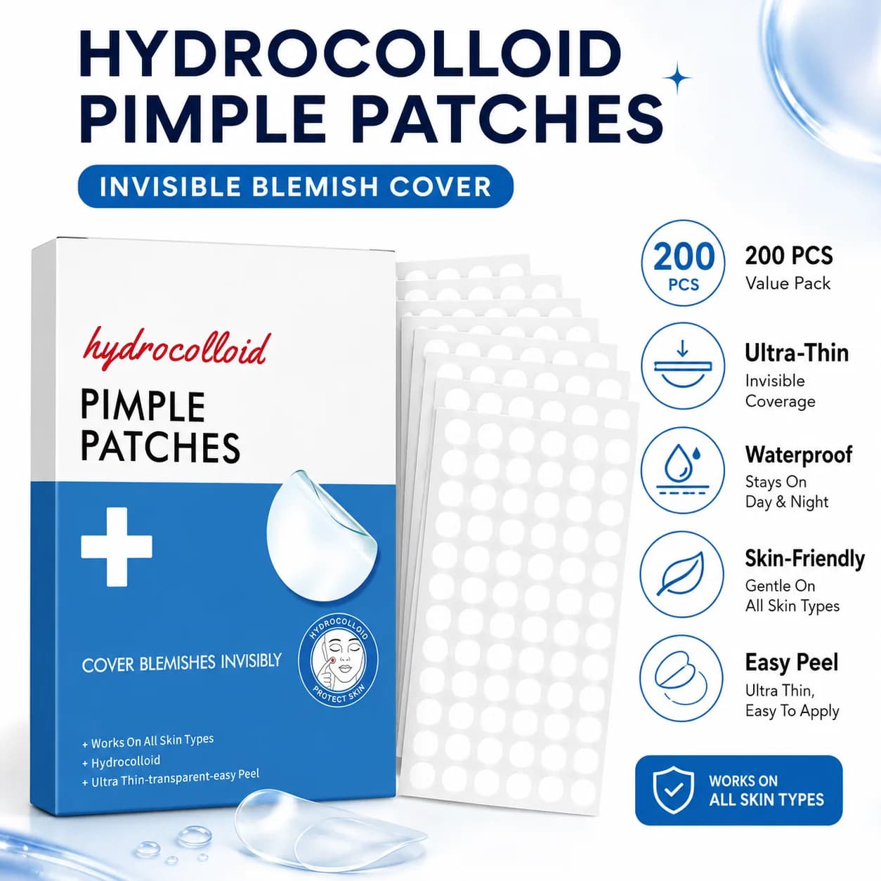 200 Cerotti Hydrocolloidali per Acne e Brufoli, Wall decals Hydrocolloidali per Punti Neri, Coprono Imperfezioni e Brufoli