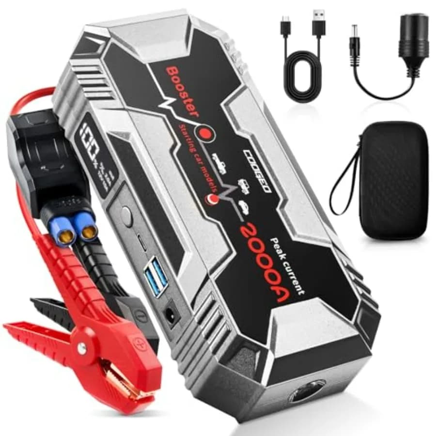 Avviatore di Emergenza Portatile 2000A per Auto 12V con Cavi EC8 per Motori a Benzina 8.0L e Diesel 6.0L Nero