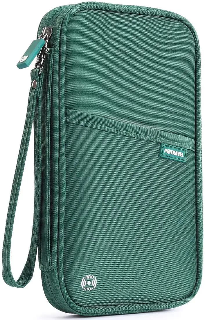 Portafoglio per passaporto da viaggio RFID, porta passaporto familiare, organizer per documenti di viaggio serie P.Travel (nylon - verde)