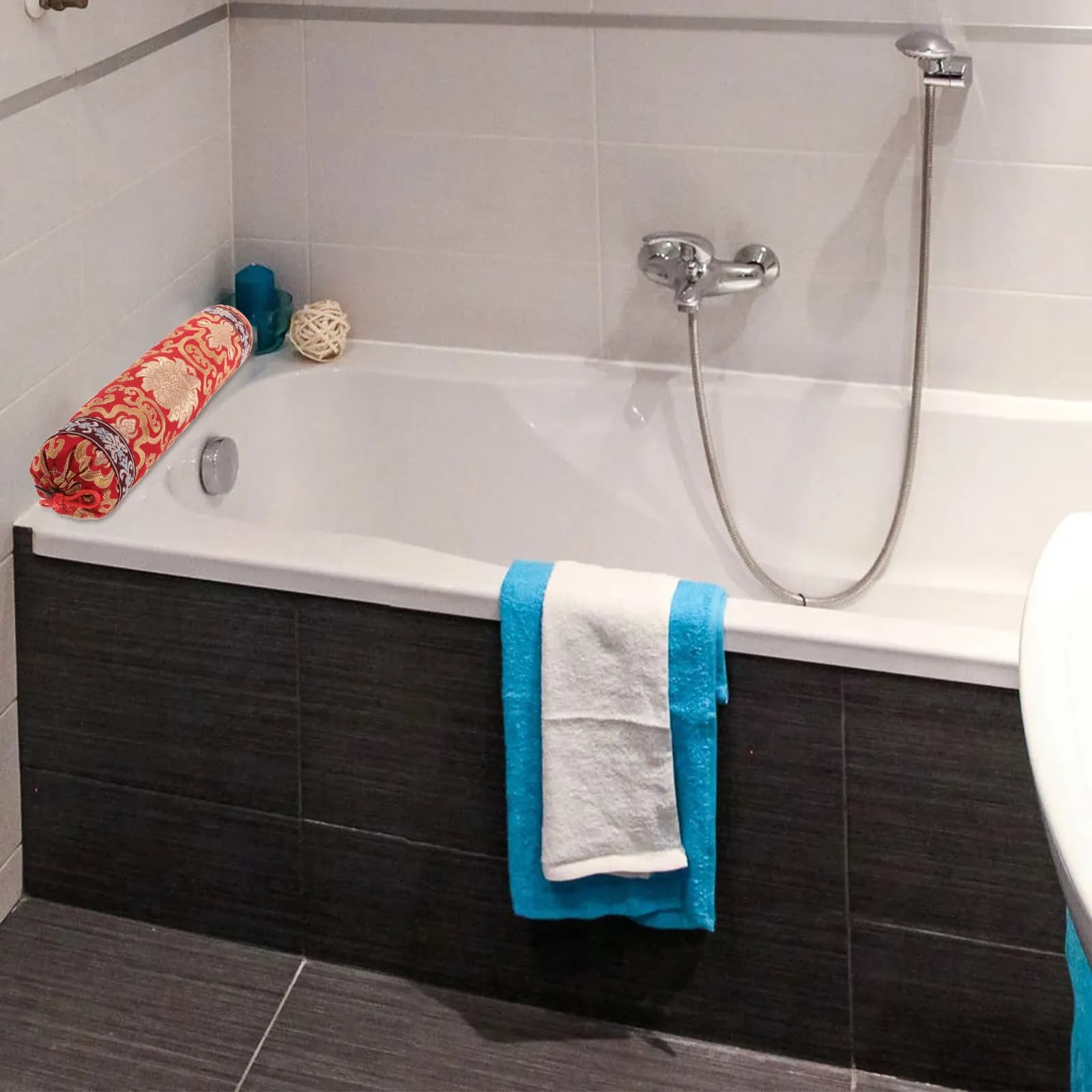 Piccola Federa Rotonda con Ricamo Cinese, Cuscino in Gusci di Grano Saraceno, Supporto per Collo e Lombare, Decorazione per Mobili in Legno Duro