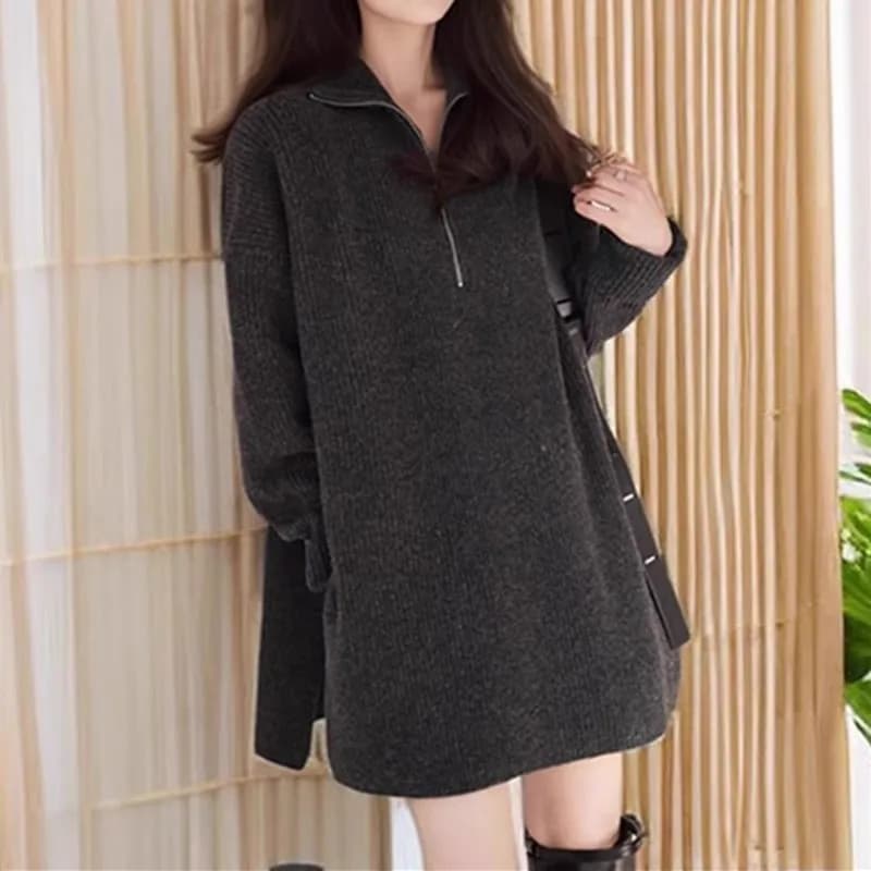 Women's elegant and fashionable wool ingot needle sweater women's loose zipper high neck long sweater