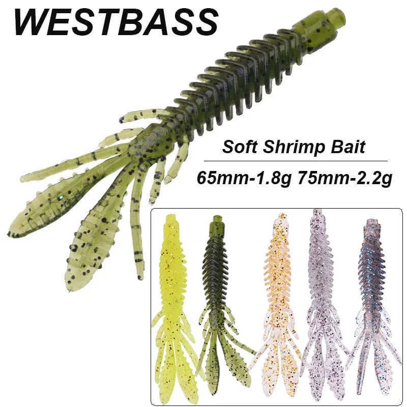 WESTBASS 5PCS Esche Larve Morbide 1.8g-2.2g Silicone Gamberetti Esche Da Pesca Verme di Gomma Swimbaits Pike Wobblers cebos pesca accessori