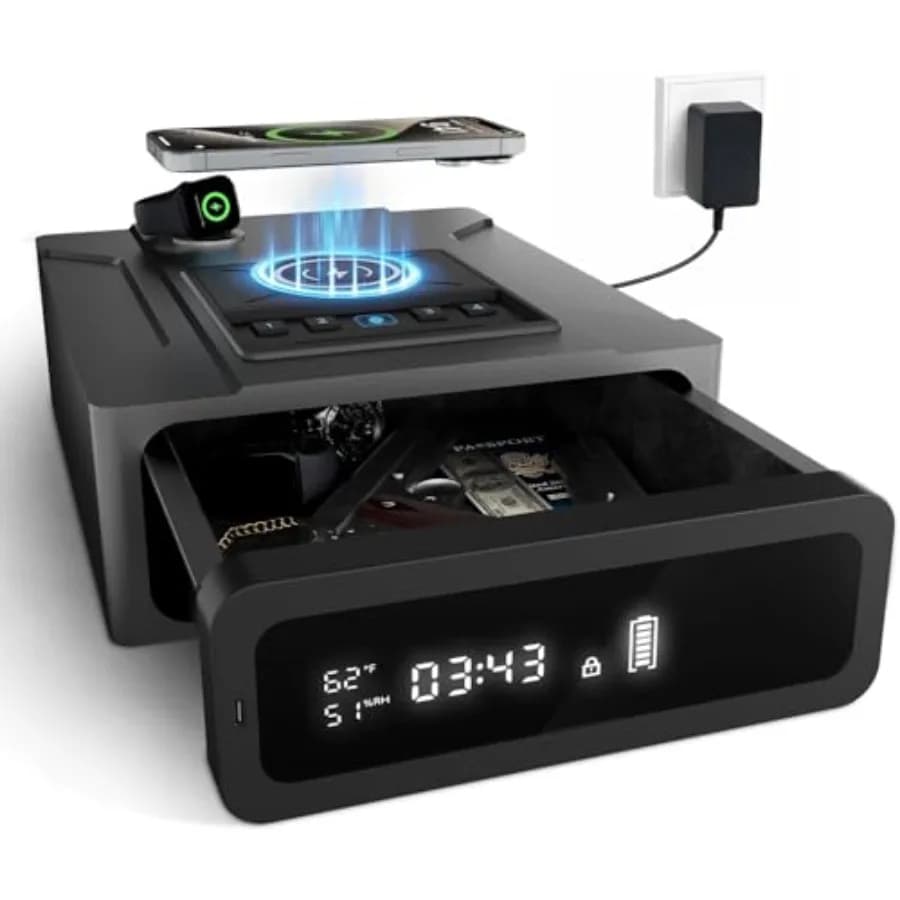 Biometric Safe for Comodin Guns, Smart Safe with Wireless Charging for Phone and Clock, Quick Access in 3 Ways via Digital Lock