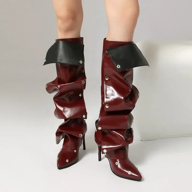 Spring and Autumn Pointed Stud Button Heels Plus Size Two-Wear Knee Pads Pleated Tall Spice Girl Boots