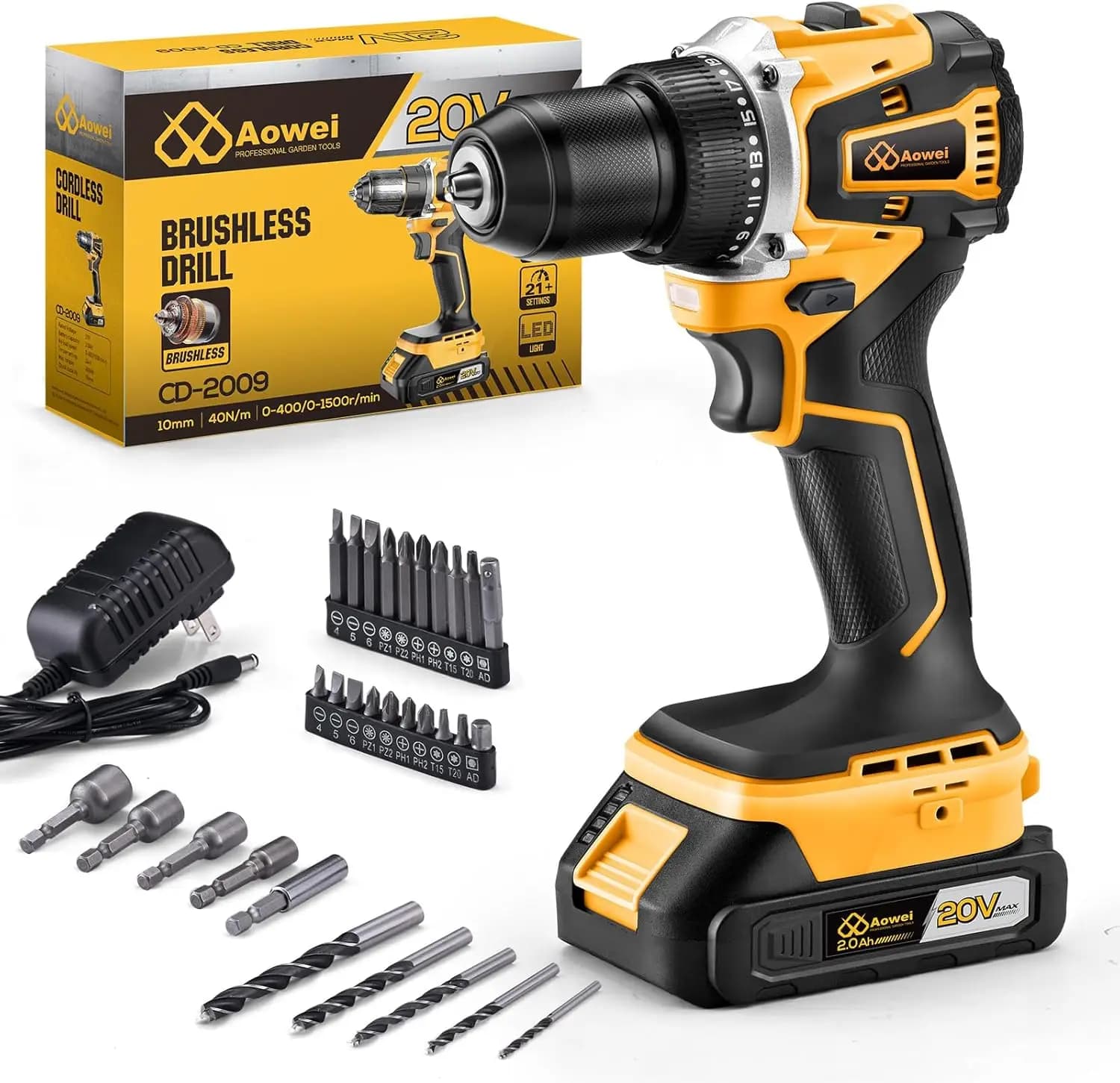 Trapano Avvitatore a Batteria 20V, 40N.m di Coppia, Motore Brushless con 2 Batterie e Caricabatterie, 21+1 Impostazioni Frizione, Mandrino Autoserrante, Luce LED