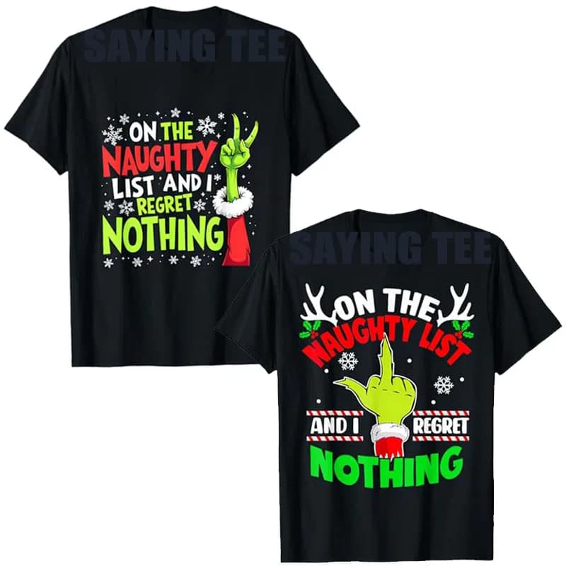 Divertente sull'elenco di Naughty and I Regret Niente T-shirt natalizia Pigiama per la famiglia Costume natalizio Regalo Manica corta Dicendo Tee Top