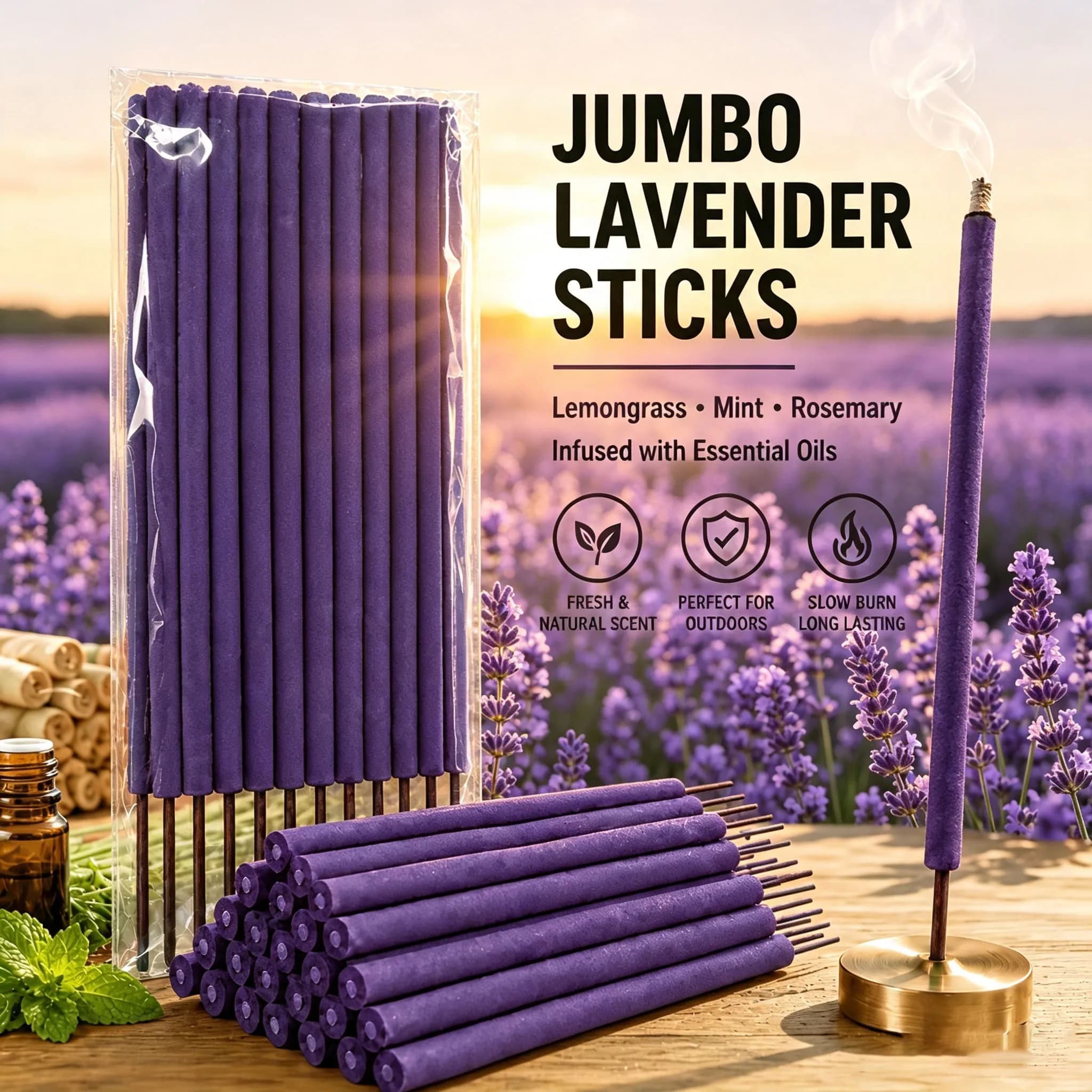 10/20/30 Garden Lavender Incense Sticks, 27cm Extra-Long and Thick Outdoor Incense Sticks, Lavender, Mint, Rosemary Fresh Floral Scent, Slow-Burning Large Incense Sticks 7mm Thick, Lasts for about 1.5-2 Hours, Suitable