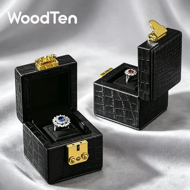 WoodTen Ring Box Jewelry Packaging Box Wedding Proposal Diamond Ring Box High-end Genuine Leather Jewelry Box