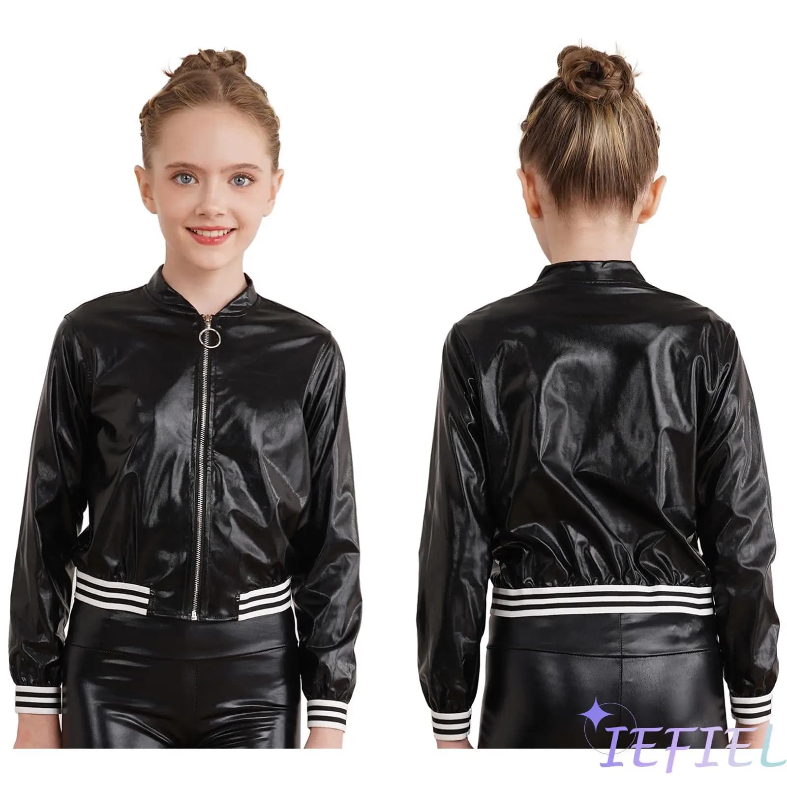 Ragazze Metallic Patchwork Bomber Jacket Coat manica lunga abbronzante Jazz Street Dance Performance Crop Top giacca a vento capispalla