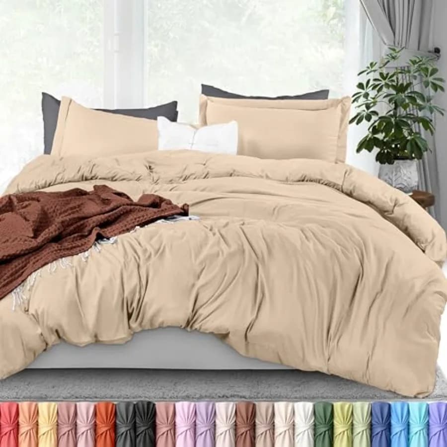 Duvet Cover King Size - 3 Piece with Zipper Closure - 1 Comforter Cover 104X90 Inches and 2 Pillow Shams 20X36 Inches Beige Com