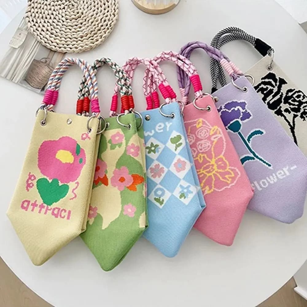 Fashion Cartoon Knitted Bucket Bag Large Capacity Handmade Wrist Bag Woven Ring Buckle Shoulder Bag for Women Girls
