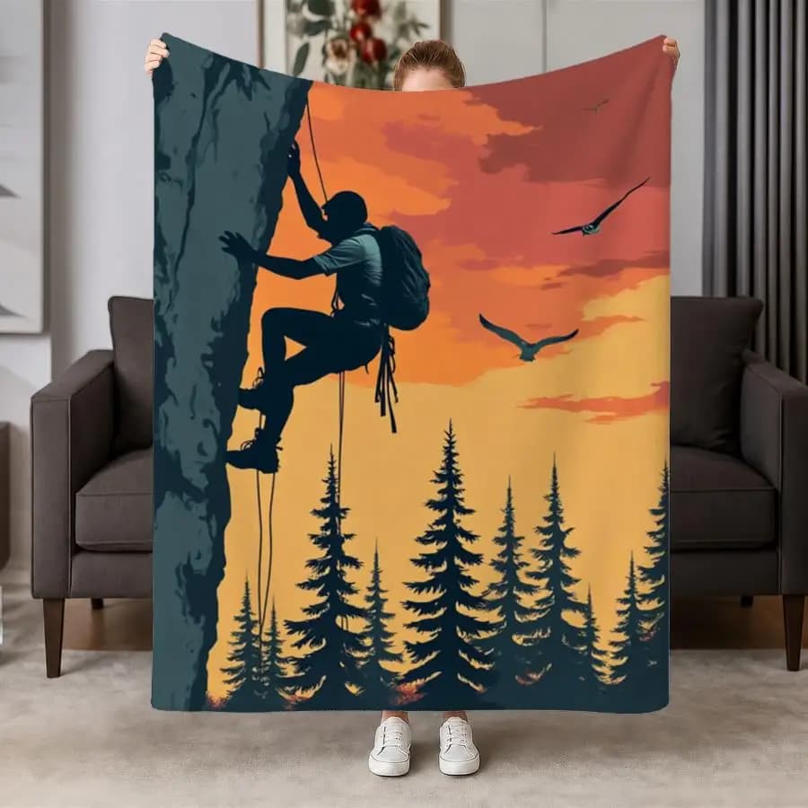 Adventure Climber Sunset Flannel Throw Blanket - Soft & Warm Fleece with Bold Silhouette Design, Ideal for Couch, Bed, Office & Travel, Perfect Gift for Nature Lovers, Machine Washable 2D Flat Weighted Blanket 280GS