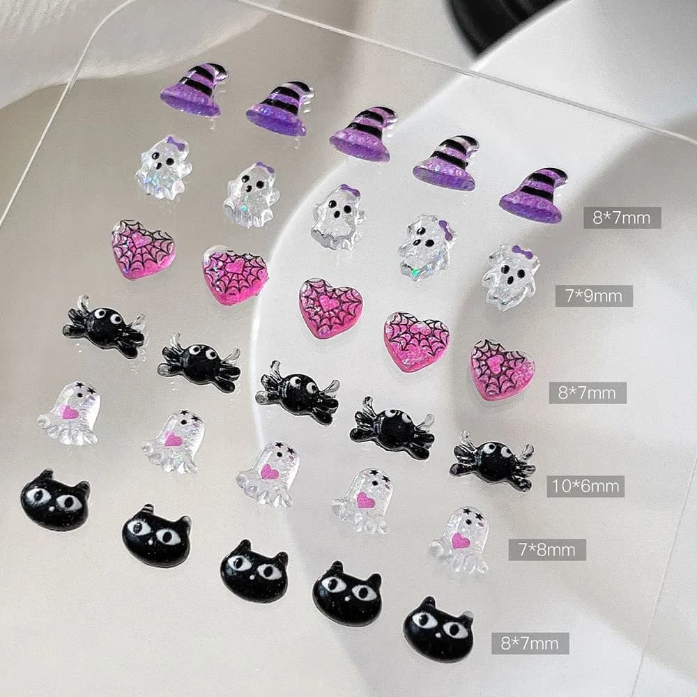 50pcs mix 3D Halloween Ghost Heart Cat Crab Nail Charms Cute Ice Transparen Glitter Ghost Nail Charms Resin Flatback Nail Decor