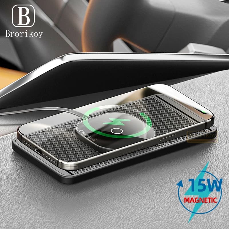Caricabatterie Wireless Magnetico per Auto per iPhone 17 16 15 14 12 Samsung S25, Caricatore Wireless per Auto con Pad Antiscivolo in Silicone, Caricabatterie Rapido per Auto