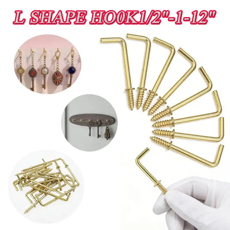 50~10 pz. Gancio a L a spirale per appendere quadri, foto, lampade, armadietti, piante, tende, con occhiello a vite