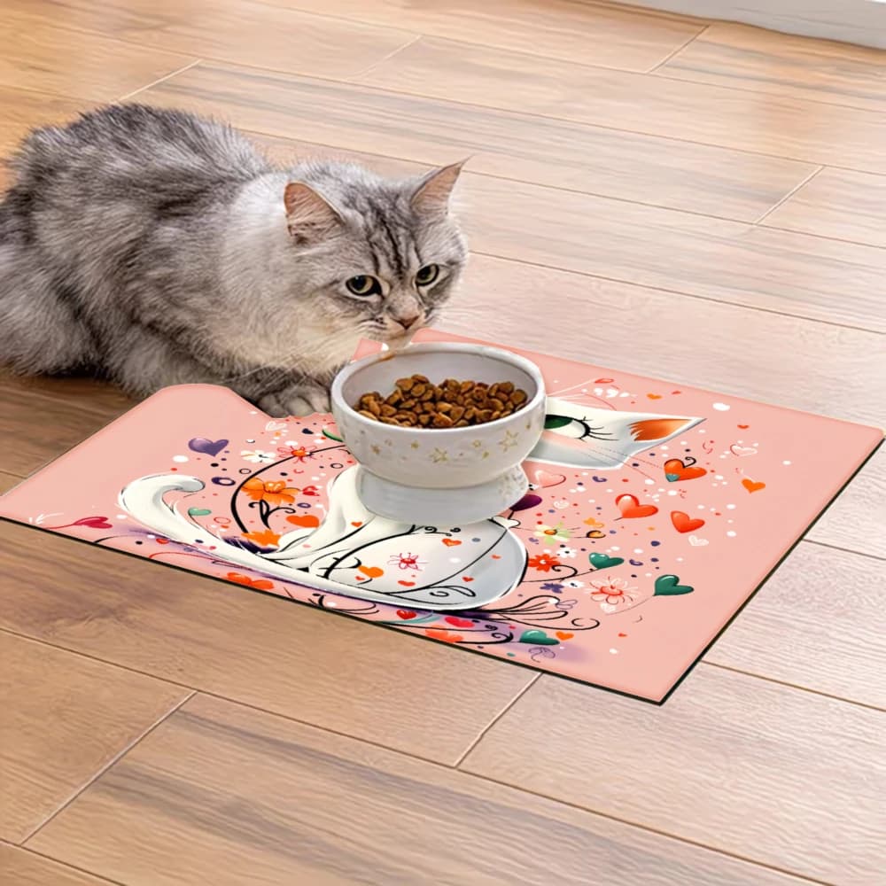 Tappetino per l'alimentazione degli animali domestici antiscivolo con motivo a cuori e fiori, forniture per animali domestici, tappetini antispruzzo e antiscivolo per cani e gatti