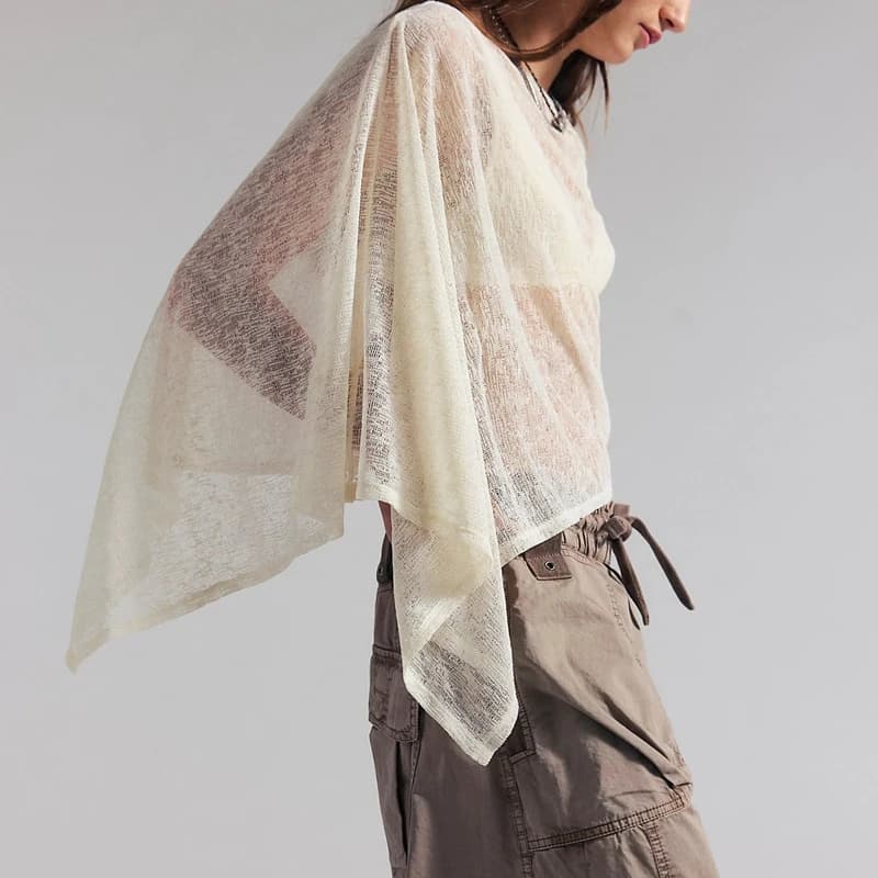 Women's Sheer See-through Flowy Ponchos Blouse Irregular Hem Boat Neck Loose Fit Crop Cover Ups for Casual Beach Wear