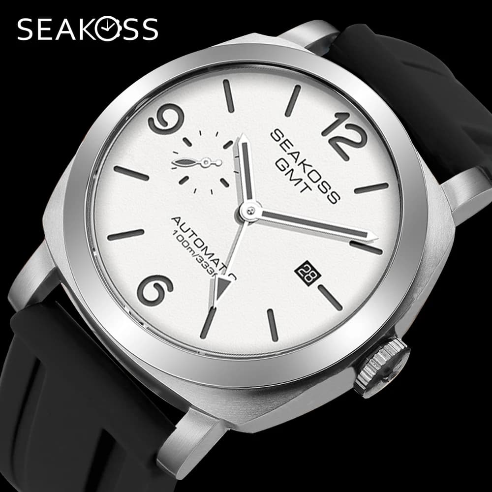 SEAKOSS 10Bar GMT Diving Orologio meccanico automatico da uomo 1963 ST2557 Movimento a gabbiano 316L Calendario luminoso Orologio da polso con zaffiro
