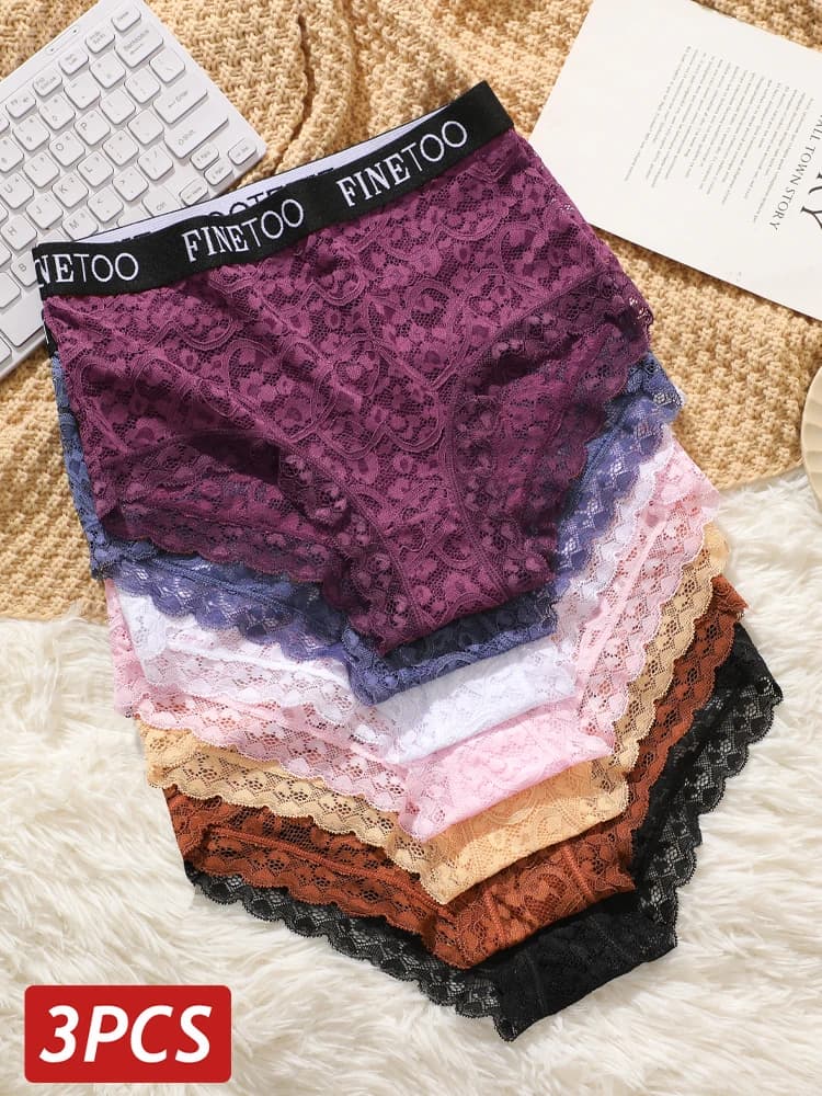 3Pcs FINETOO Letter Embroidered Lace Floral Briefs Underwear Sexy High Waist Hollow Transparents Panties Female S-3XL Underpants