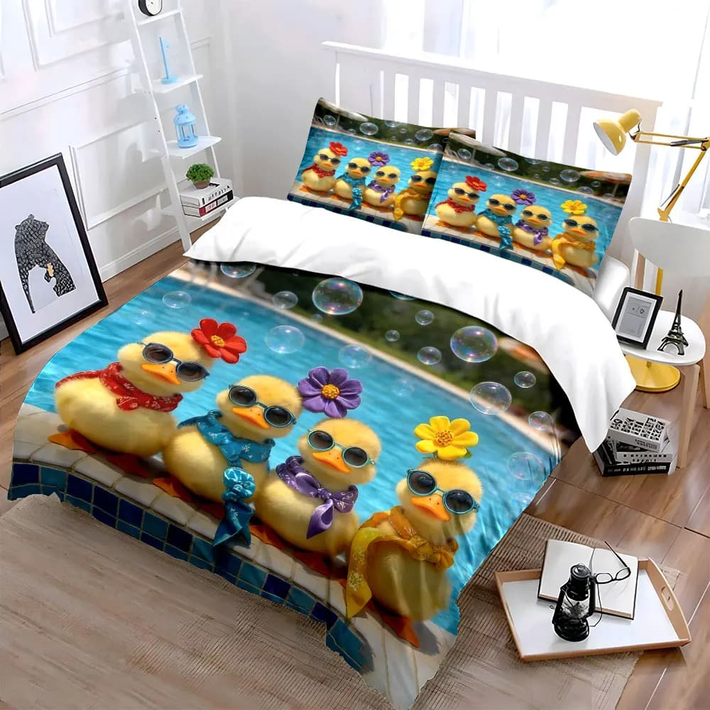 Set di figurine a forma di anatra per la piscina, morbido e confortevole set di biancheria da letto con copripiumino, include 1 copripiumino e 2 federe, idea regalo