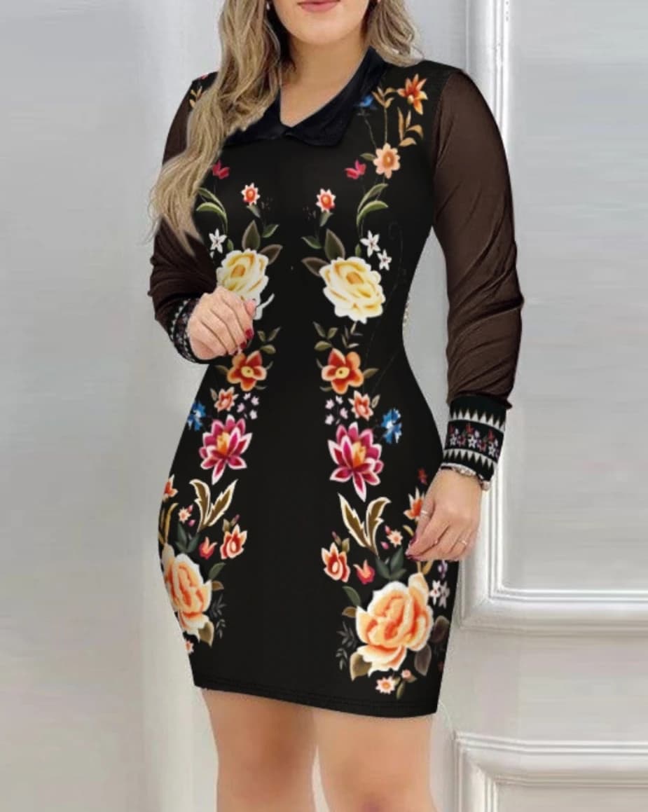 Abito elegante da donna Abito stampato con colletto rovesciato a maniche lunghe in rete autunnale
