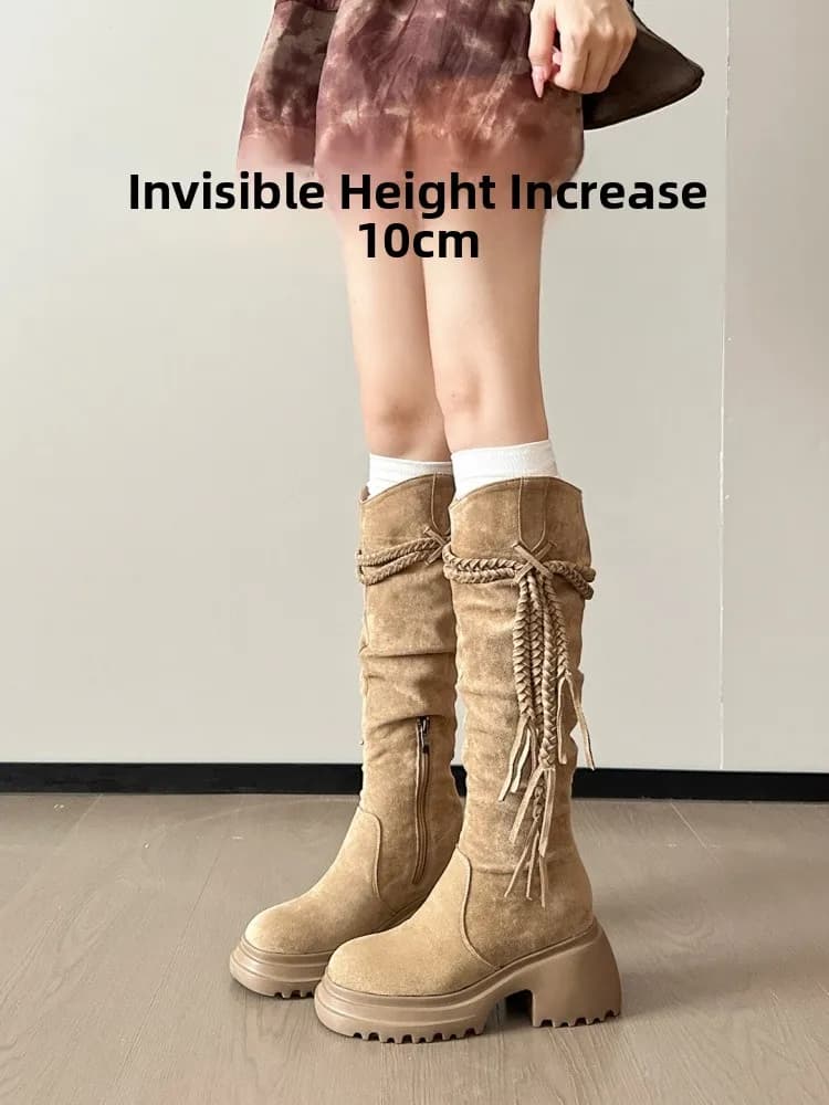 Korean Style Women's Western Cowboy Boots High Heel Hidden Heel 10cm Inner Heightening Fringe Thick Heel Medium High Tube Lon...