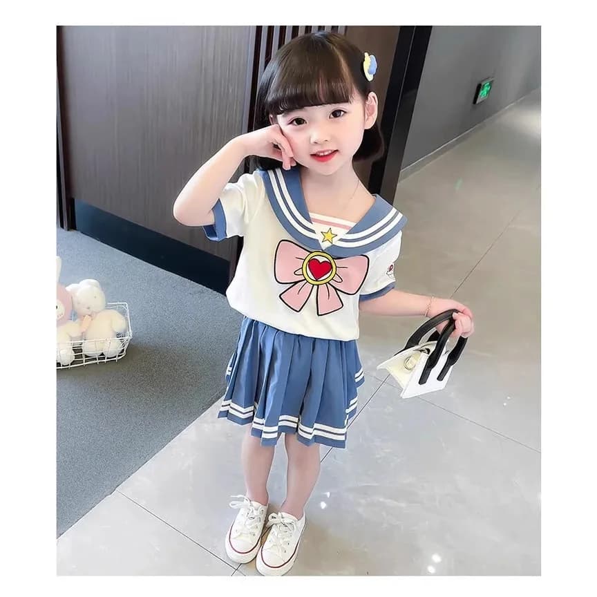 1 pz vestiti estivi per ragazze set bambini maglietta con risvolto e gonna a pieghe alunni studente stile college manica corta top abiti inferiori