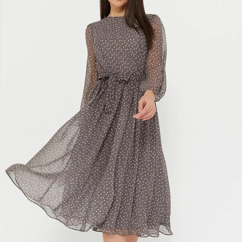 Vintage Fall Fashion Long Sleeve O-neck Chiffon Women Dress Autumn Polka Dot Print Elegant Dresses Spring Casual Evening Dress