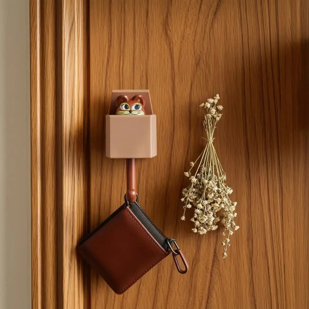 Decompression Wall Decor Squirrel Adhesive Wall Hook Set Retractable Cartoon Key Hanger Decorative No Drilling for Entryway