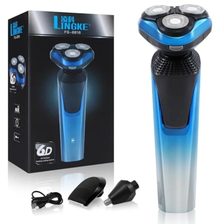Rasoio elettrico da uomo: impermeabile, blu, rasoio ricaricabile per rasatura a umido e a secco con rifinitore senza fili per barba e peli del naso, ricarica rapida in 1 ora.