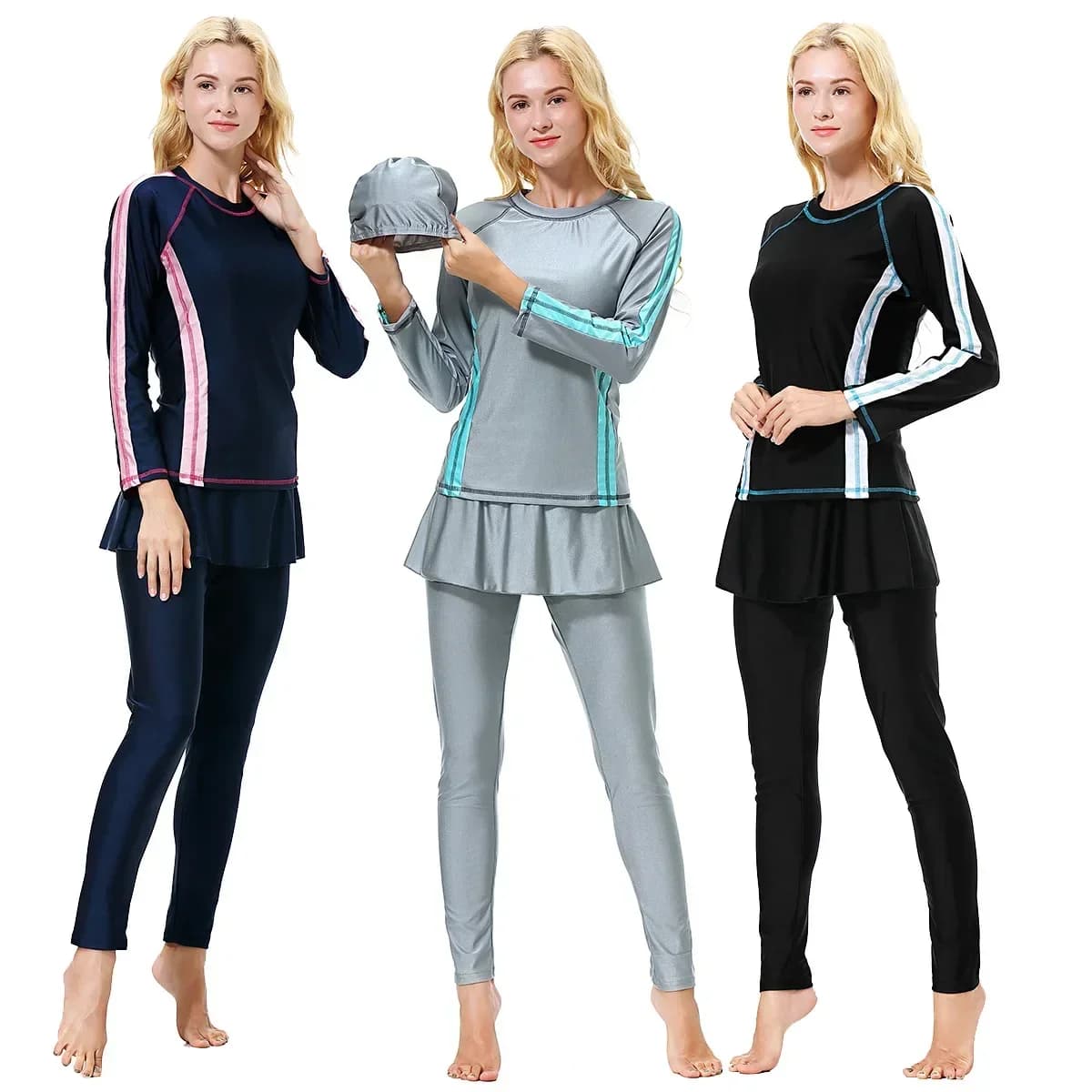 Set of 3 Muslim Bath Costumes for Women, Modesto Costume with Patchwork, Islamic Hijab, Burkini with Hat, Tops and Pants, Beach Clothing