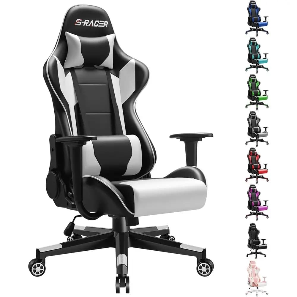 Sedia da Gaming Ergonomica in Pelle PU con Schienale Alto, Girevole, Supporto Lombare Regolabile e Poggiapiedi (Bianca)