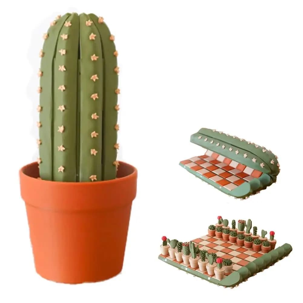 Set di Scacchi Arrotolabile: Pezzi Stampati in 3D a Tema Cactus con Scacchiera Texturizzata per un Gioco Stabile - Design Portatile in Vaso di Fiori