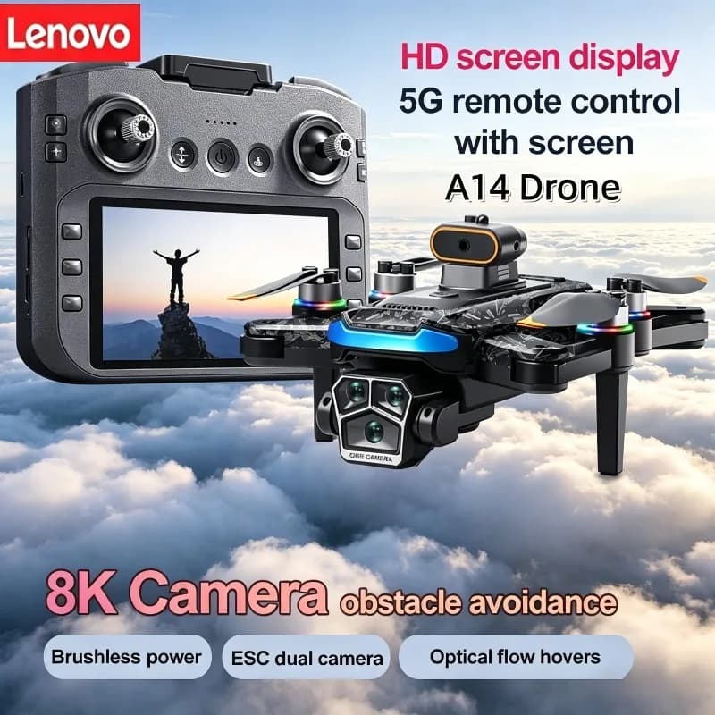 Drone GPS Lenovo A14 con Fotocamera 8K HD, Quadricottero RC Pieghevole, UAV Portatile per Fotografia Aerea, WiFi 5G FPV con Schermo Grande