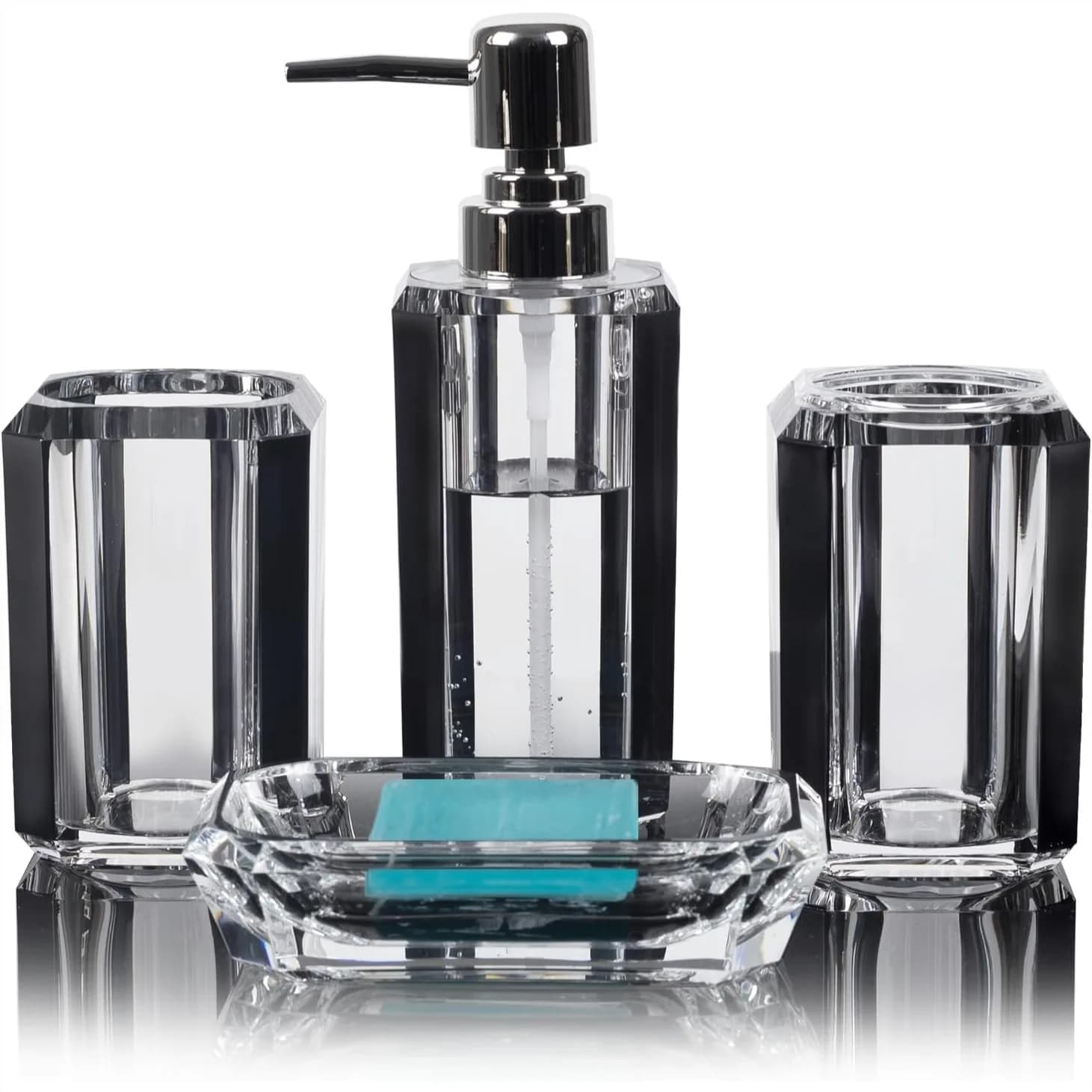 Set di accessori da bagno neri da 4 pezzi: dispenser per sapone, portasapone, bicchiere per collutorio e porta spazzolino, in acrilico lucido con