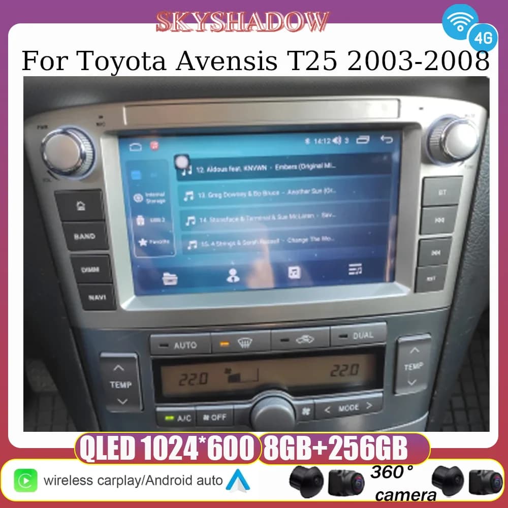 Android 13 Per Toyota Avensis T25 2003-2008 Multimedia di Navigazione Carplay Lettore DVD per Auto GPS Mappa WIFI Bluetooth RDS Radio