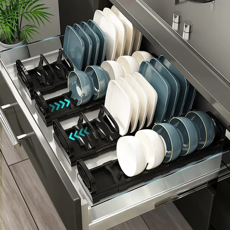Bowls Dish Storage Rack Adjustable Buckle Kitchen Cabinet Drawer Storage Holder Dish Drain Rack Kitchen Drainage Storage Tool