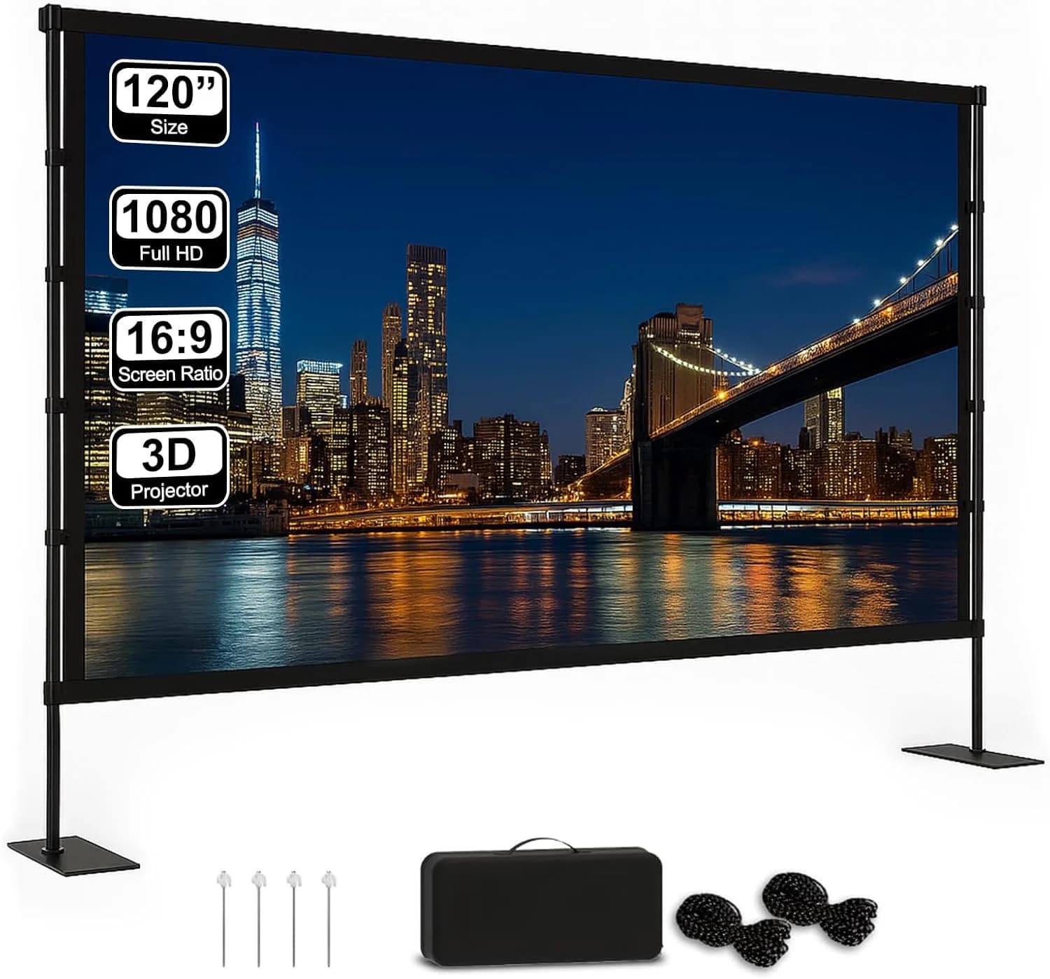 Outdoor Projector Screen with Stand, 120 inch Portable Movie Screen with Carry Bag,16:9 Washable Cloth Screen for Backyard