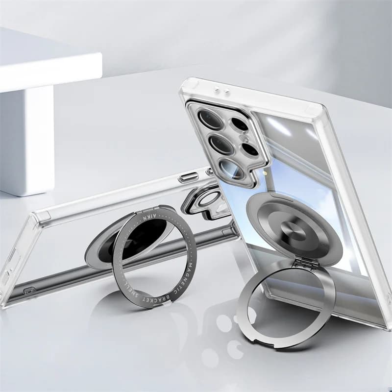 Transparent Hard Case For Samsung Galaxy S25 S24 S23 Ultra Plus For Magsafe Magnetic Charge Shockproof Armor Stand Holder Cover