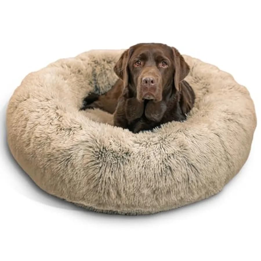 Il Cuccia per Cani Originale Calming Donut, per Cani fino a 45 kg, in Finta Pelliccia Shag, Colore Taupe, 91 cm x 91 cm