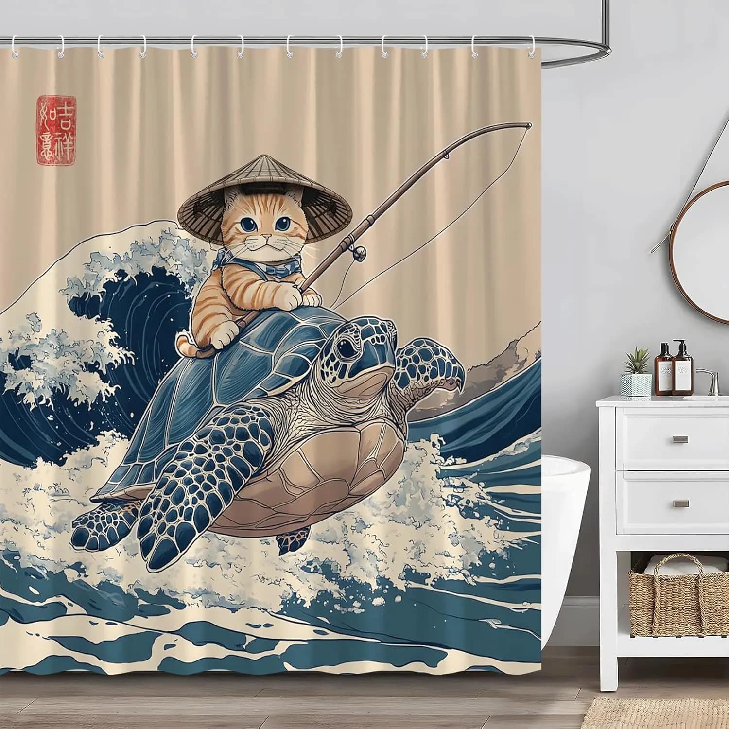 Tenda da doccia per gatti giapponesi Simpatico gatto che cavalca la tartaruga Vintage Blue Ocean Waves Asiatico astratto animale marino Divertenti tende da bagno